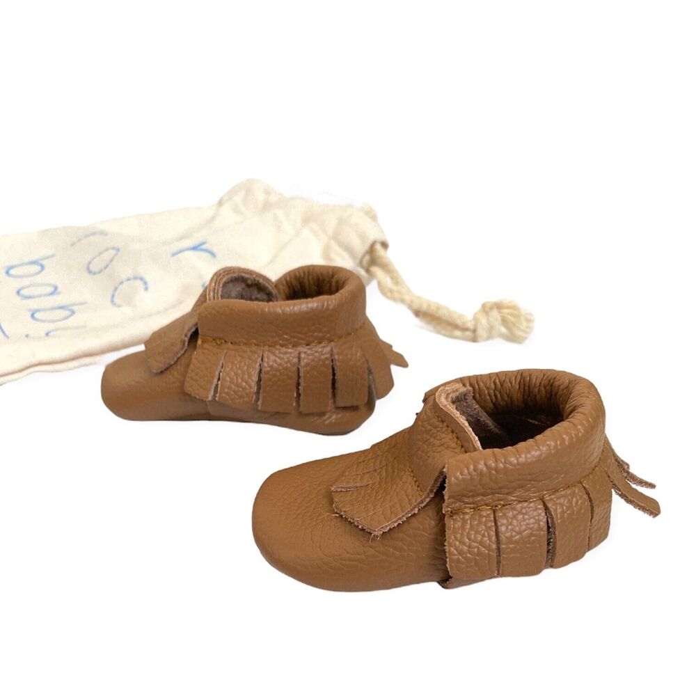 BIRD ROCK BABY Brown Leather Moccasins Infant Size 2 US w. Bag Unisex Shoes NEW - Picture 2 of 9